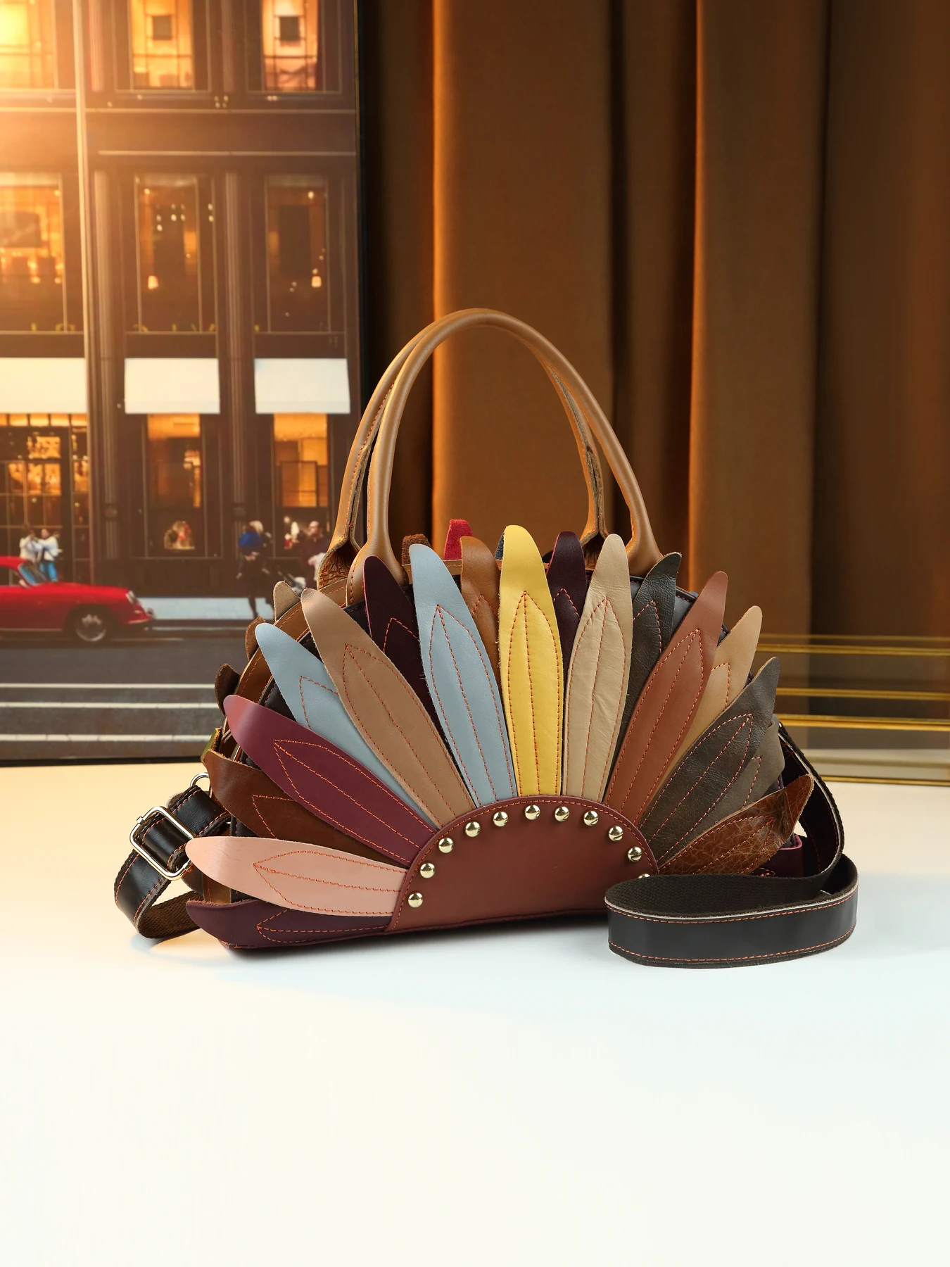 Cross-border fashion women's bags large-capacity leather colored petals handbag light luxury retro Boston bag
