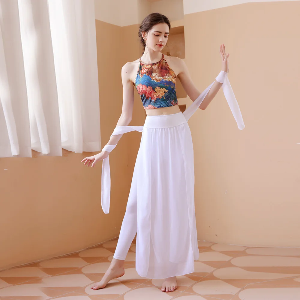 Feitian Dance with Chest Cushion Tank Top Set for Women's Summer Beauty Back Strap Printed Chiffon Pants Sports Fitness Set 2025