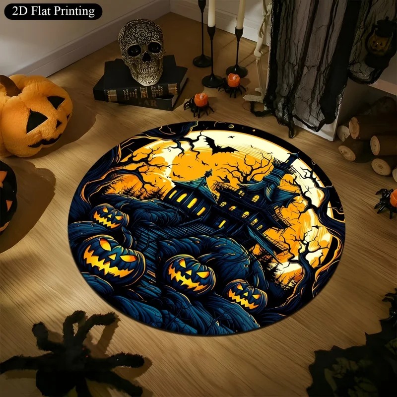 Haunted House Pumpkin Ghost Halloween Round Rug,Bat Skull Moon Printed Circular Floor Mat,Spooky Indoor Home Decor