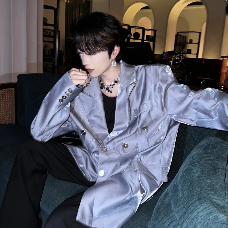 WVGA Spring Autumn New Tide Original Design Niche Style Liquid Metallic Spliced Belt Buckle Men's Blazer Chic Casual Coat W22233