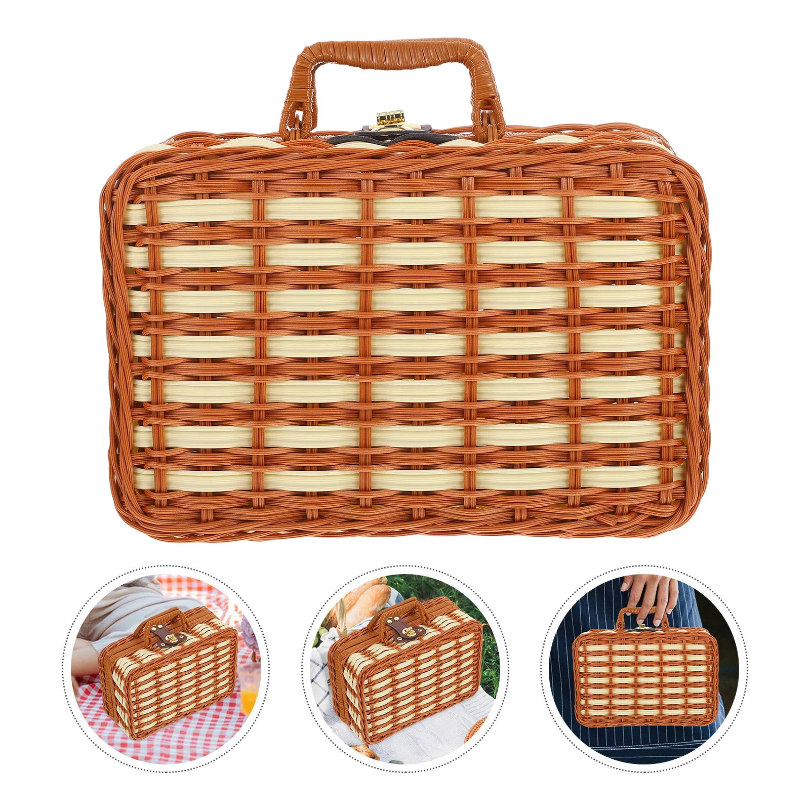 

Vintage Inspired Simulated Rattan Suitcase Handwoven Dual Tone Storage Box Picnic Basket Photography Prop Woven Picnic Baskets