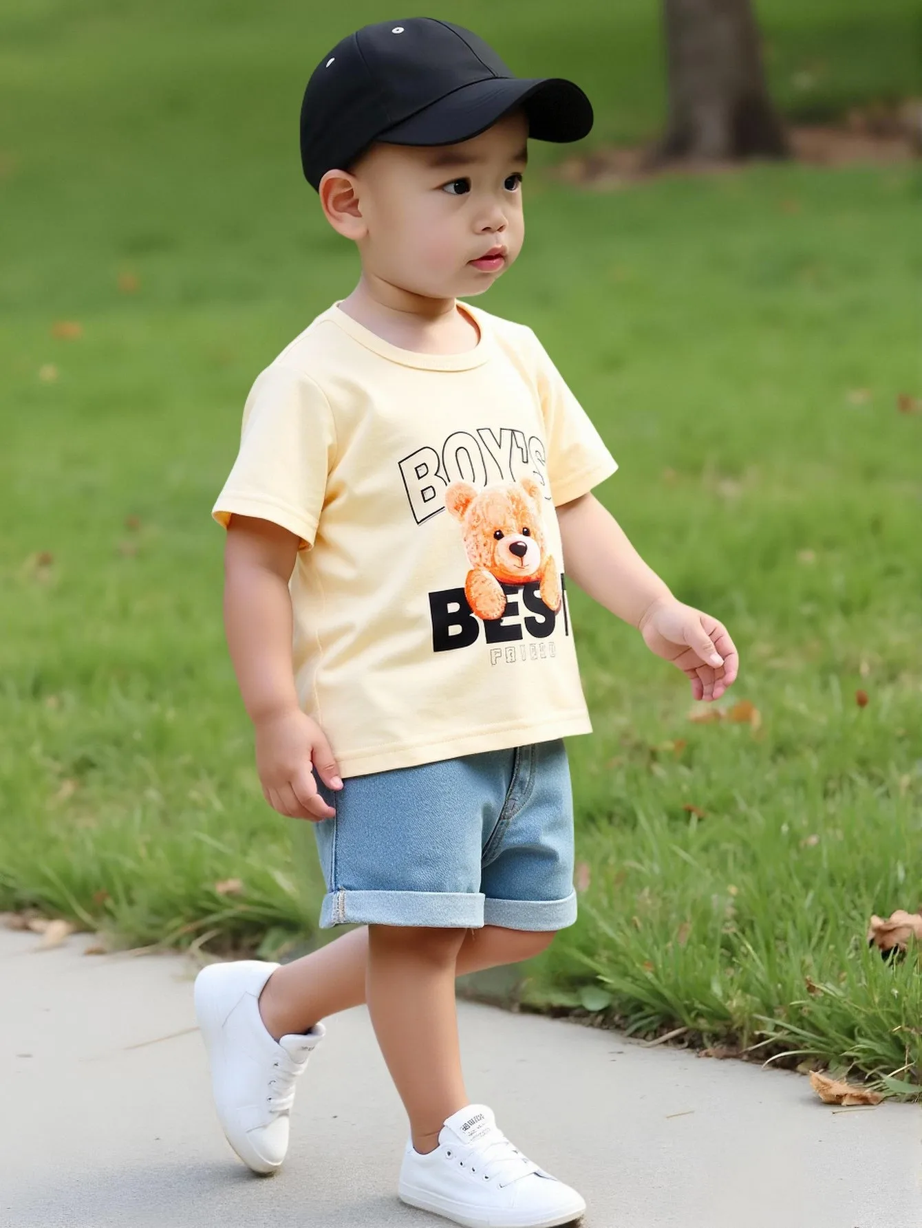 Zweiteiliges Set aus süßem, mit kleinen Bären bedrucktem, khakifarbenem Kurzarm-T-Shirt mit Rundhalsausschnitt und blauen Jeansshorts für Babys.