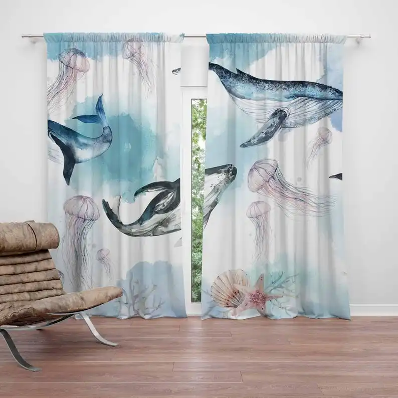 Sea Animals Nursery Curtain Ocean Whale Kids Bedroom Black Out Nursery Decor Baby Room Curtains Bedroom Living Room Curtains