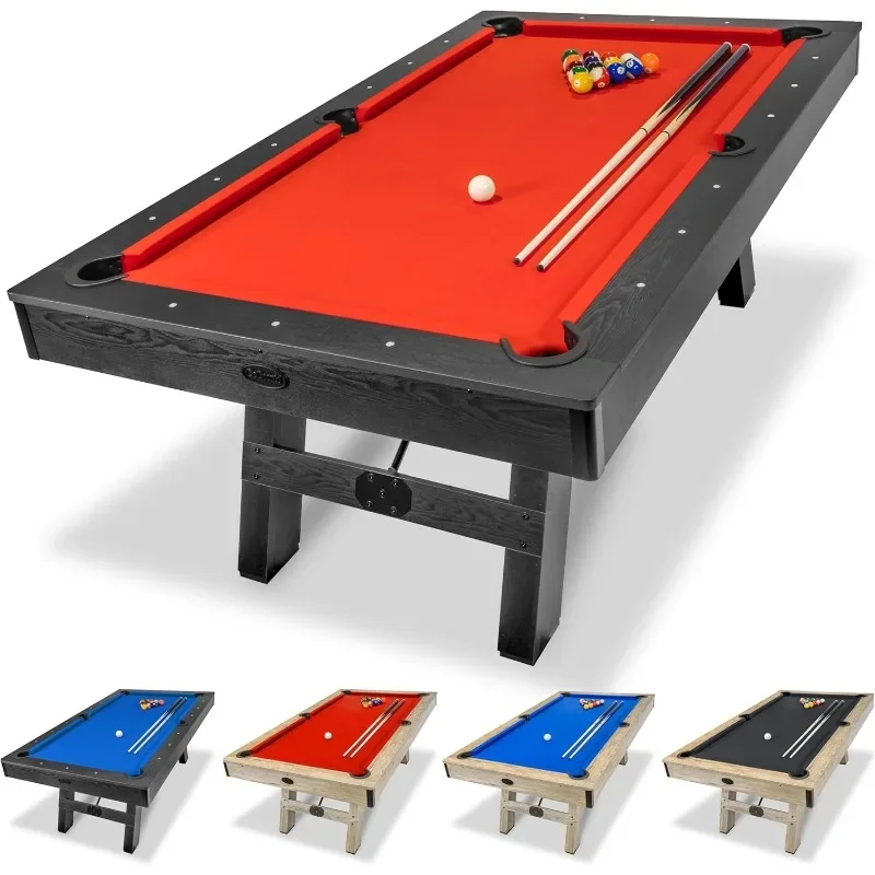 Pool Table with Wood Finish - Modern Billiards Table with Cue Sticks