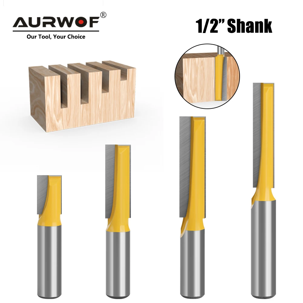 AURWOF 1pc Long Reach 1/2 Shank Bottom Cleaning Router Bit, Woodworking Flush Trim Bit, Yellow Coated Carbide Milling Cutter