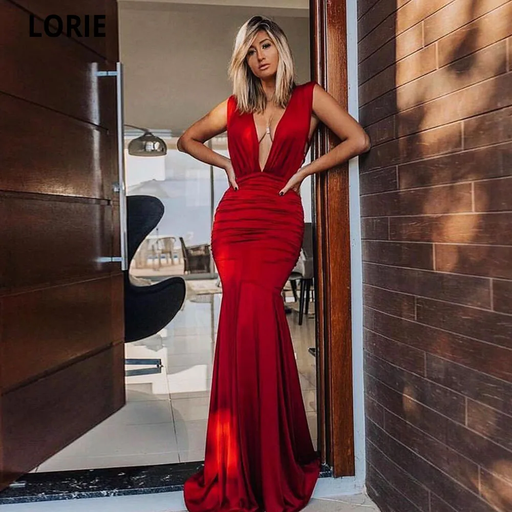 

LORIE Burgundy Mermaid Prom Dress V Neck Sleeveless Satin Evening Gowns Saudi Arabia Party Dresses Backless Robes De Soirée