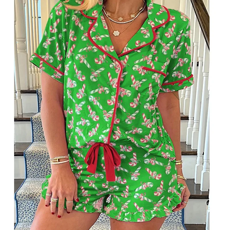 Merry Christmas Holiday Women‘s Soft Cotton Pajama Set, Button-Front Cardigan Short Sleeve & Shorts Relaxed Fit, Breathable Ligh
