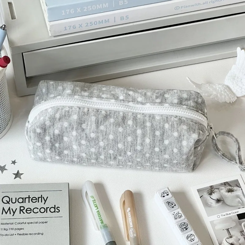 Ins Casual Style Polka Dot Pencil Case Large Capacity Korean Fashion Makeup Bag Portable Stationery Organizer for Students