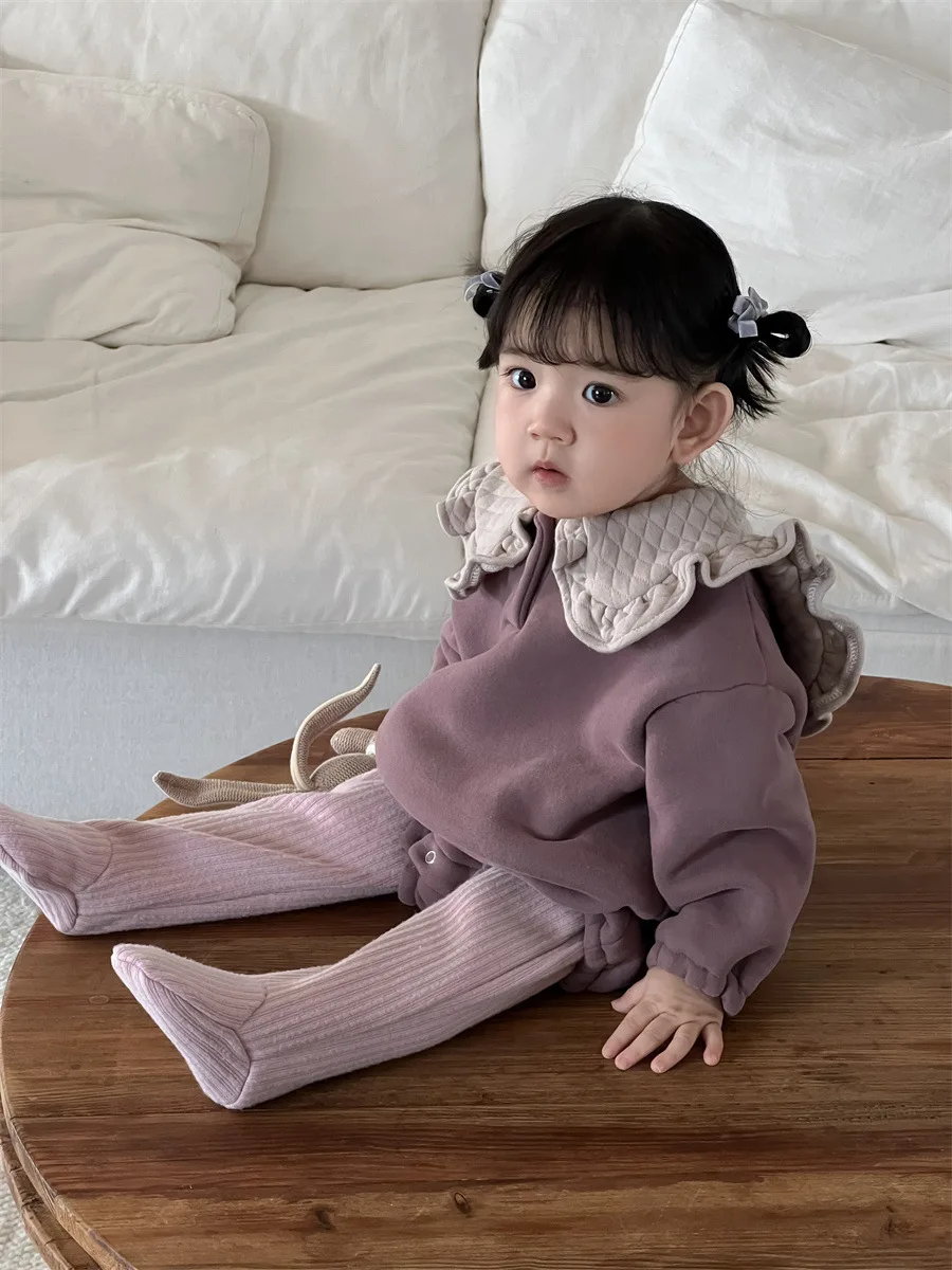 2024 Winter New Baby Girl Plus Velvet Thick Bodysuit Long Sleeve Newborn Toddler Cute Lapel Fleece Jumpsuit Solid Infant Clothes