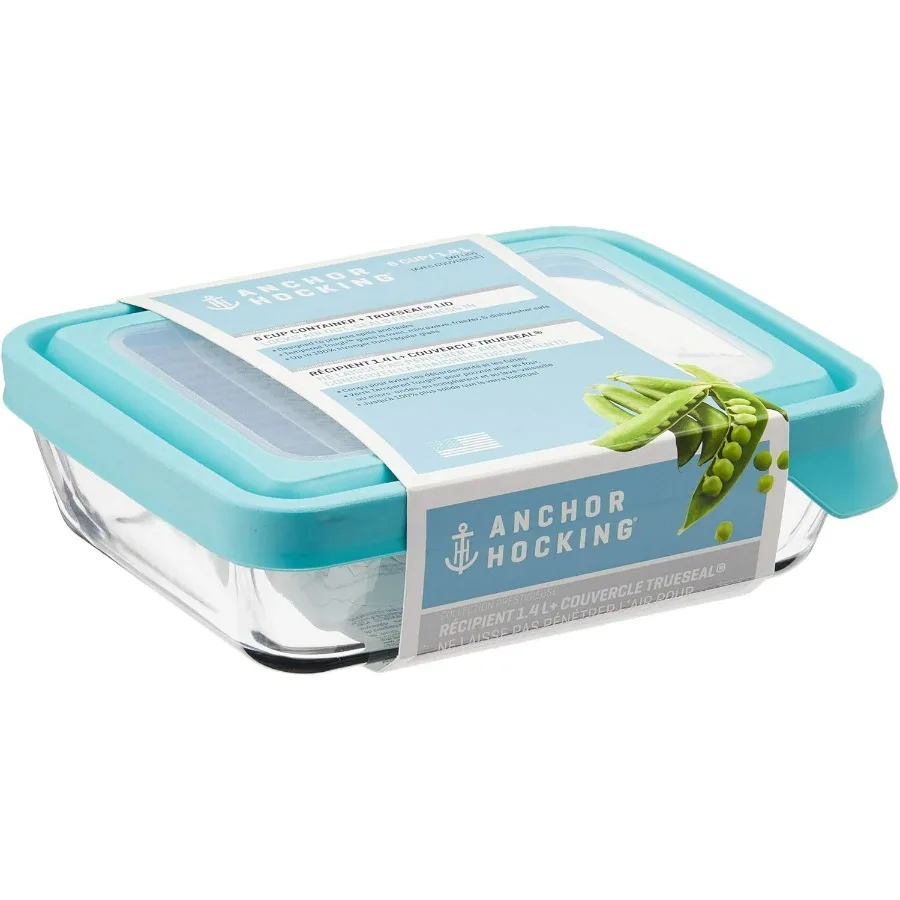 

Стеклянные контейнеры для хранения продуктов Anchor Hocking TrueSeal с минеральными синими герметичными крышками, емкостью 6 чашек, идея прямоугольной формы 48 унций