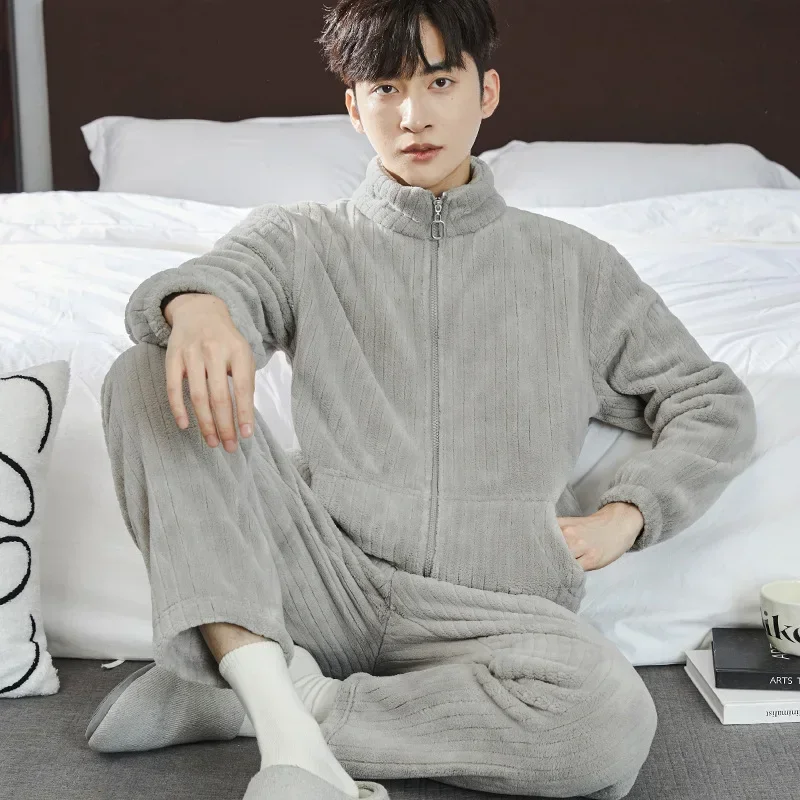 2024 Men's Thicken Warm Pajama Sets Solid Flannel 2 Pieces Sets Sleepwear Male Winter Stand Collar Zip-up Home Nightwear Suits