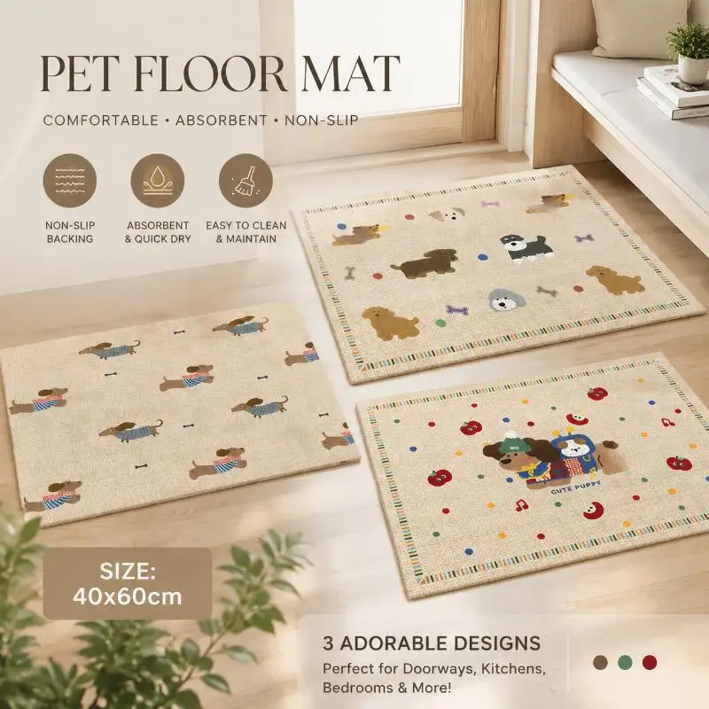 Home Entrance Kids Playroom Floor Mat Cartoon Puppy Pattern Linen Texture Rug Non Slip Backing Holder