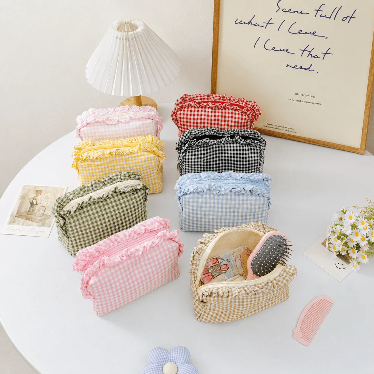 Embroidered Name Ruffle Trim Makeup Bag, Cute Korean Style Cosmetic Pouch, Elegant Romantic Vanity Pouch Great for Wedding Gifts