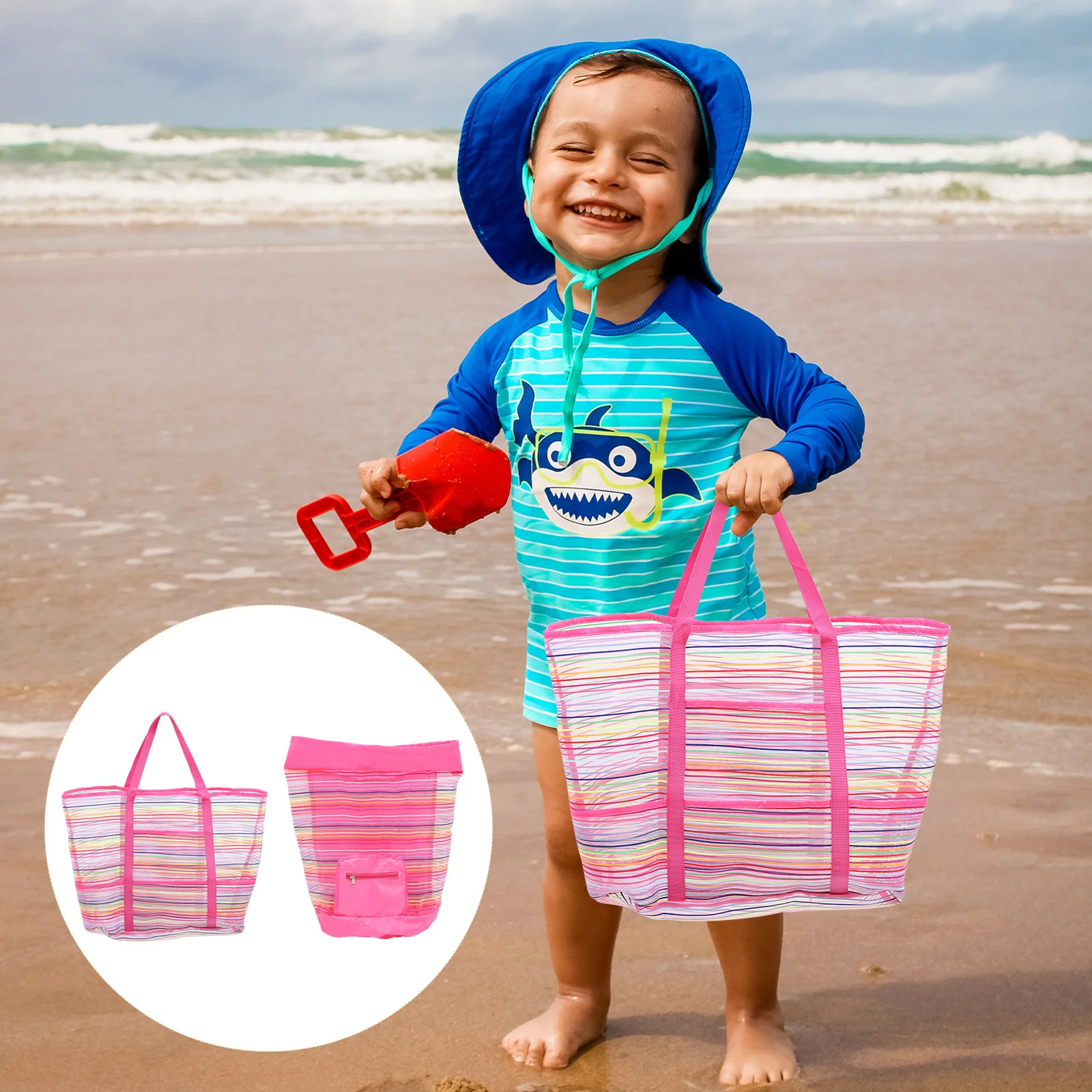 

2pcs Mesh Beach Bags For Kids Rainbow Shell Storage Pouch Durable Oxford Cloth Travel Bag Portable Breathable Seashell Pouch