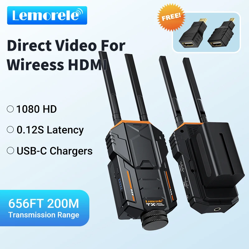 Lemorele 200M Bezprzewodowy Nadajnik i Odbiornik Wideo HDMI z Baterią, Bezprzewodowy Zestaw Przedłużający HDMI do Kamery, Monitora, Projektora