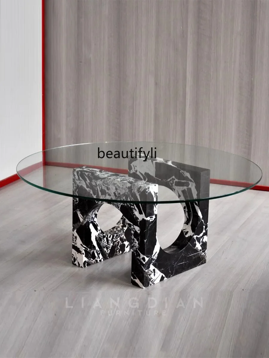 Modern minimalist natural marble round coffee table living room household small apartment, simple glass round table