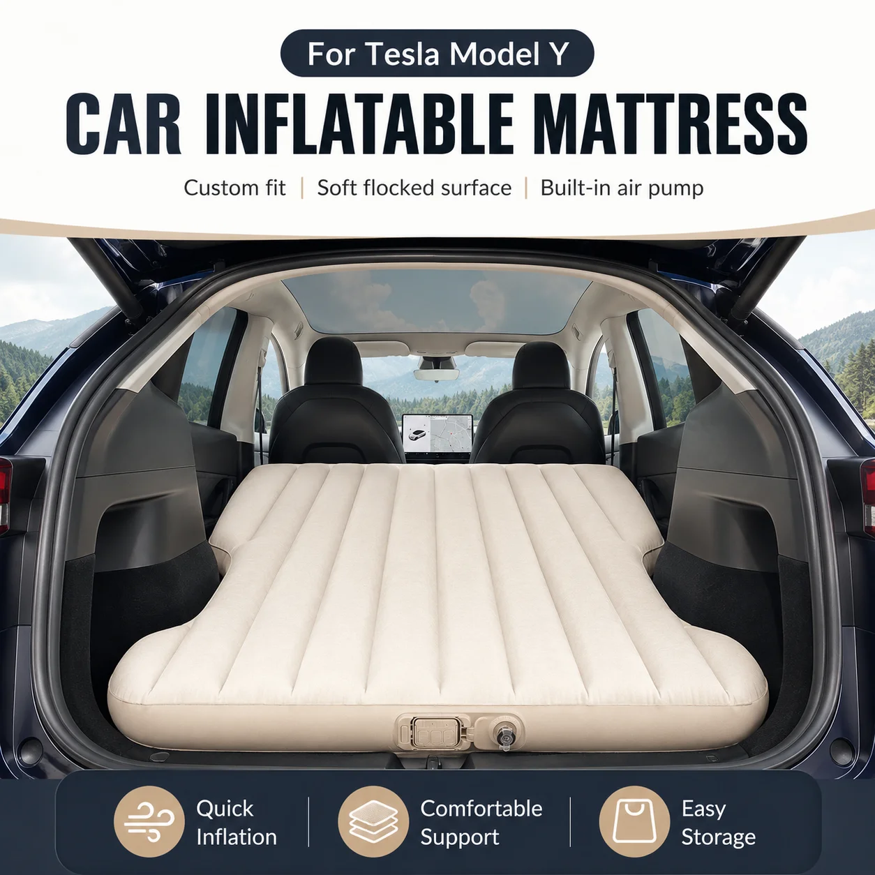 For Tesla Model Y 2021-2026 Juniper Car Inflatable Mattress With Electric Air Pump Travel Camping Trunk Bed Sleeping Mat