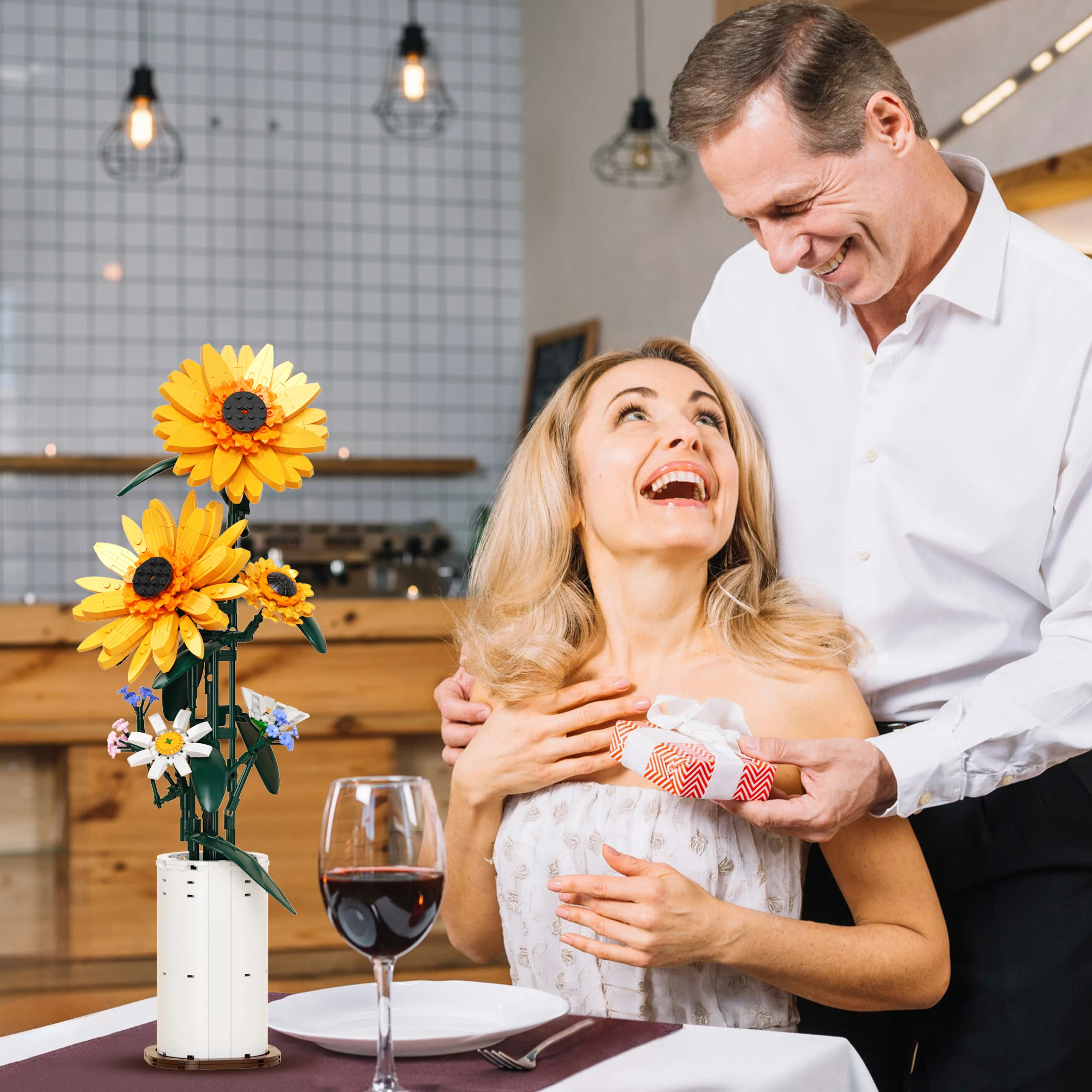 مجموعة مكعبات بناء الزهور مع مزهرية، ورود عباد الشمس، باقة اصطناعية، مجموعة طوب للنساء والفتيات والكبار هدايا عيد الميلاد #5