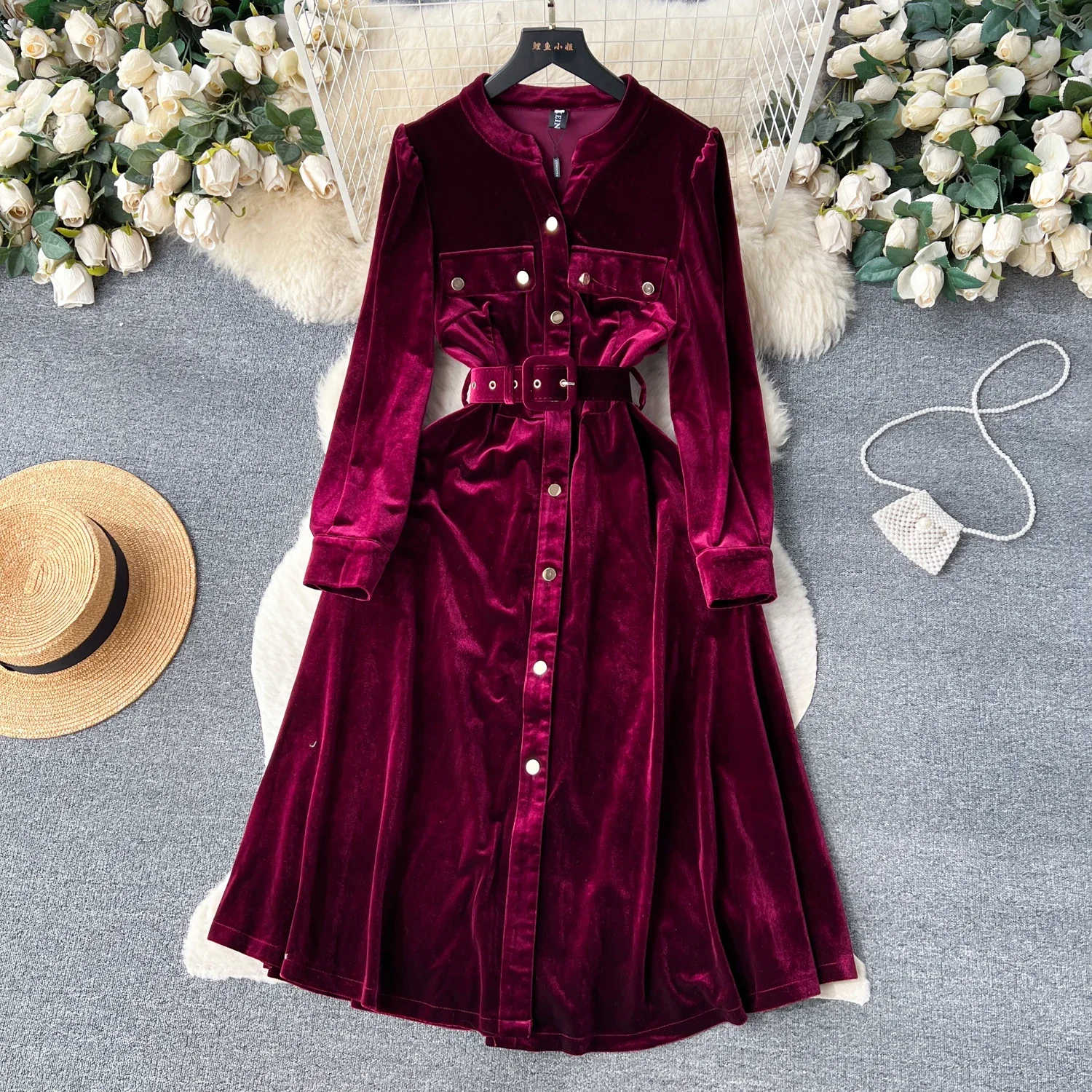 

Chic Elegant Long Sleeve O Neck Velvet A-line Dress Sexy Bithday Party Vestidos Slim Women Spring Autumn Dress