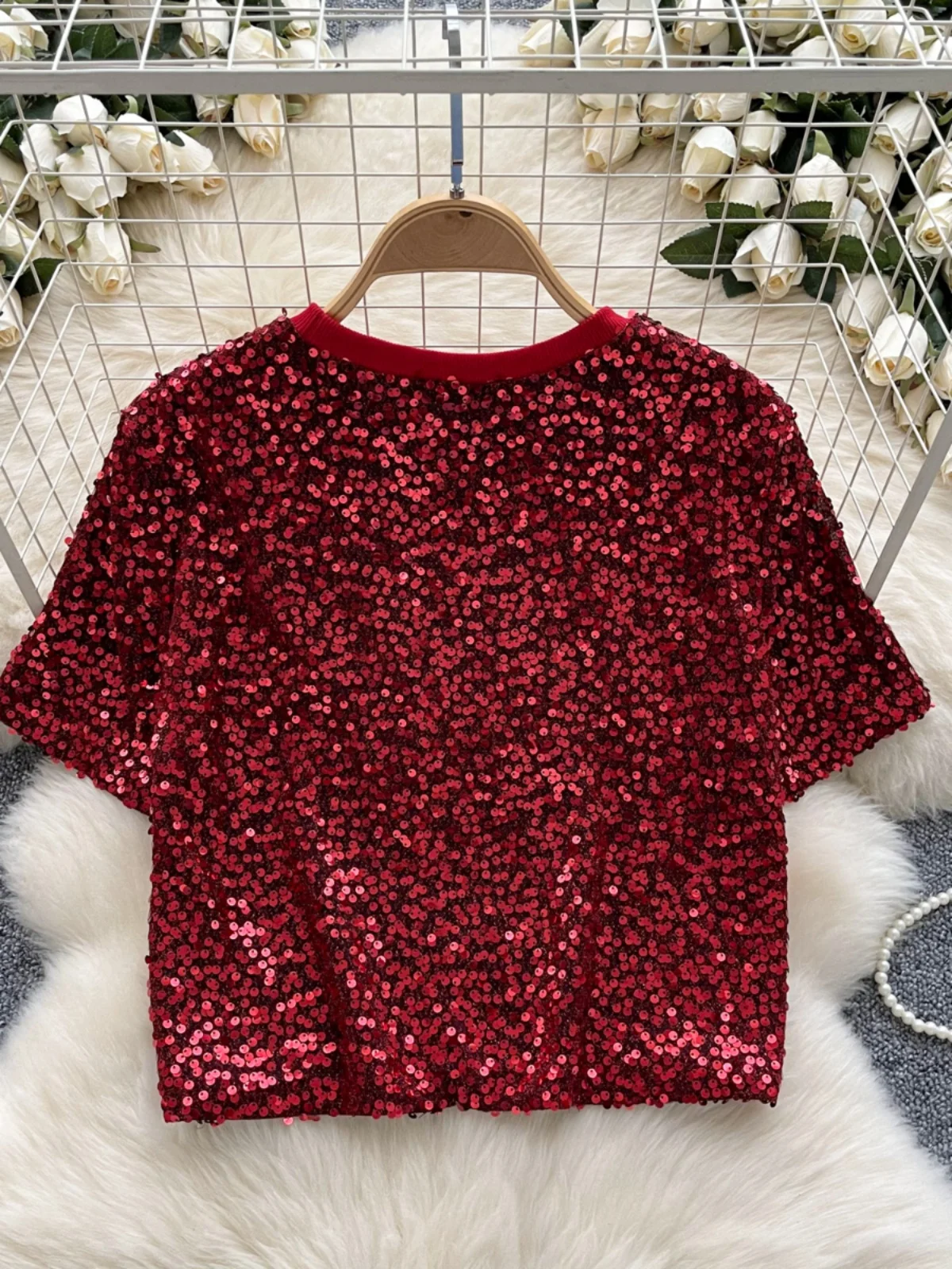 ort Sve T-Shirt Damen Pendeln Vielseitig Faion Round Ne Overhead Sparkling Top Sommer Trendy ort Sle Small irt