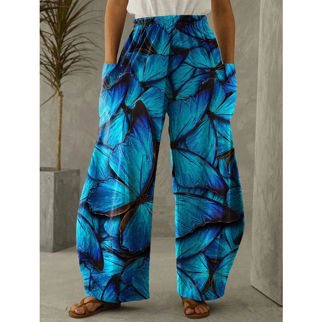 Casual loose pants with butterfly 3D print, Bohemian retro beach outfit, oversized pants, spring/summer