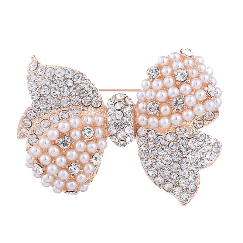 Sweet Pearl Bowknot Brooch Rhinestone Women Costume Jewelry Trendy Corsage Pin Wedding Fashion Accessories Cute Gift