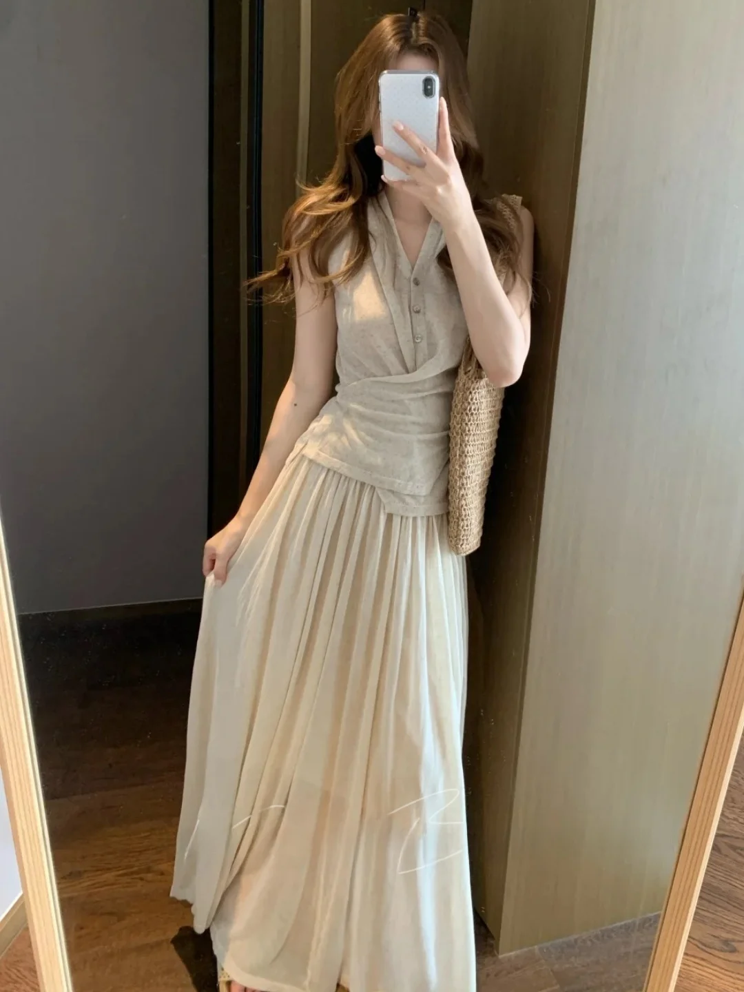 

Sexy Slimming Summer Cross Tie Waist Elastic Half Skirt Set Two Piece Set Fashionable Women's Clothing Student Uniform Workwear