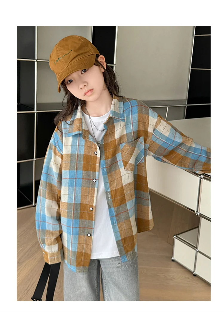 Koreanischer Stil, langärmliges kariertes Hemd für Teenager-Mädchen mit Tasche, neue Mode-Streetwear-Oberbekleidung für Kinder, Baumwollbluse für Kinder im Alter von 5-14 Jahren. – Detail 4