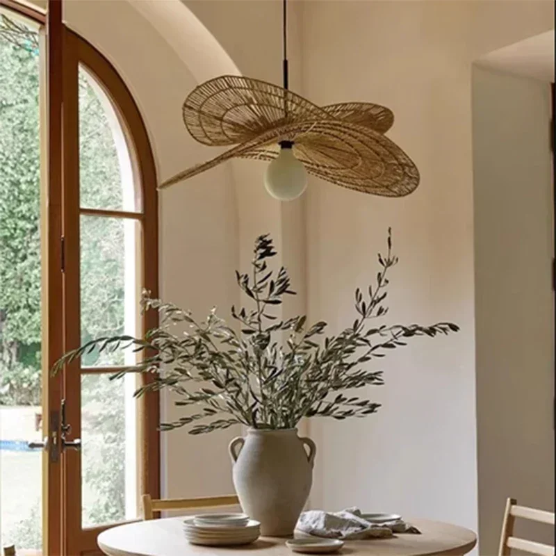 Lampy wiszące w stylu Wabi-Sabi do sypialni salon rattanowa ręcznie tkana lampa restauracja Home Decor żyrandole żarówka G80