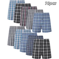 JupiterSecret 10pcs Men's Underwear Fashion Checkered Woven Boxer Shorts Elastic Waistband and Button Male Briefs Random Color