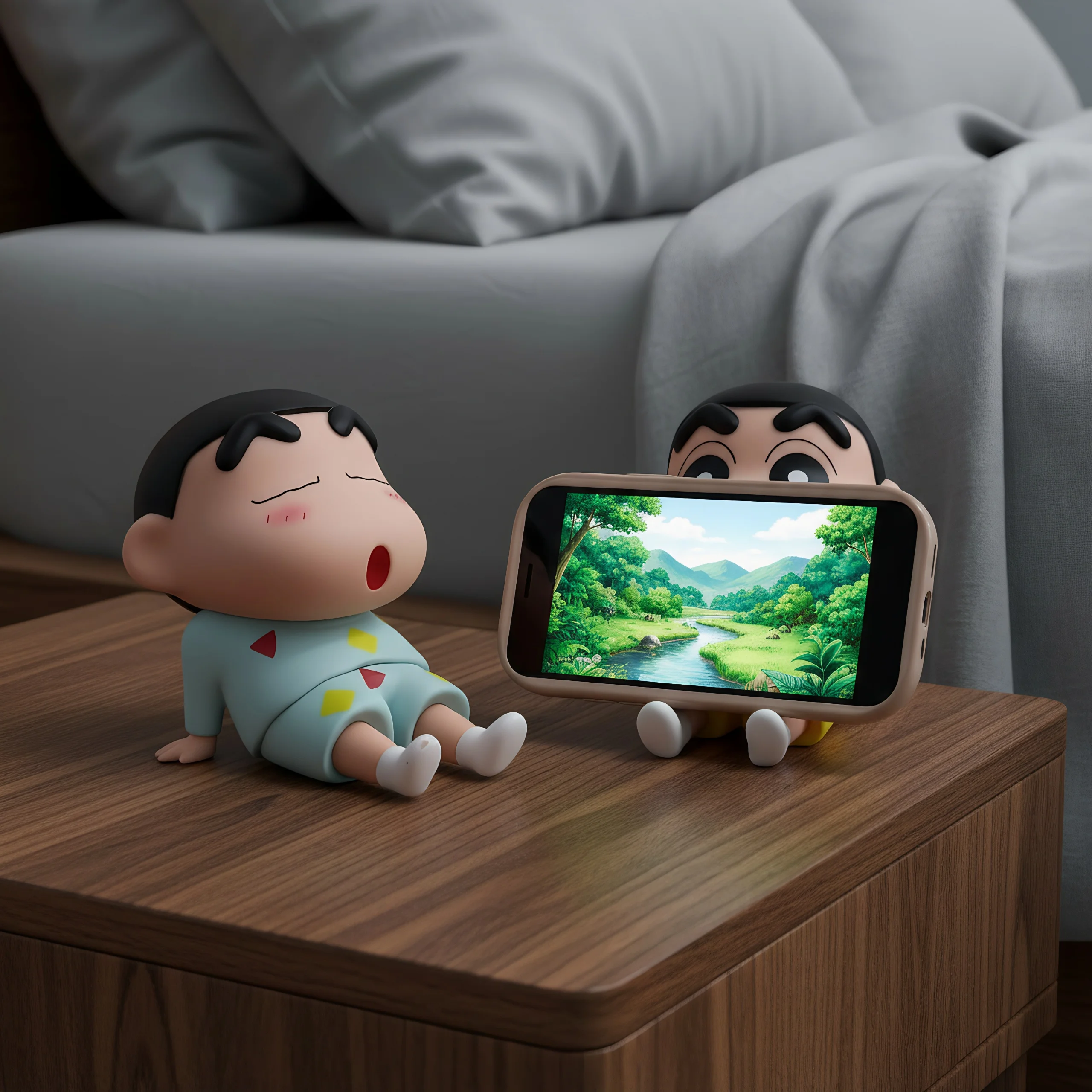 Kawaii Crayon Shin-Chan Figures Phone Holder Anime Desktop Ornaments Cartoon Watching TV Phone Support Cute Doll Decorations view 2
