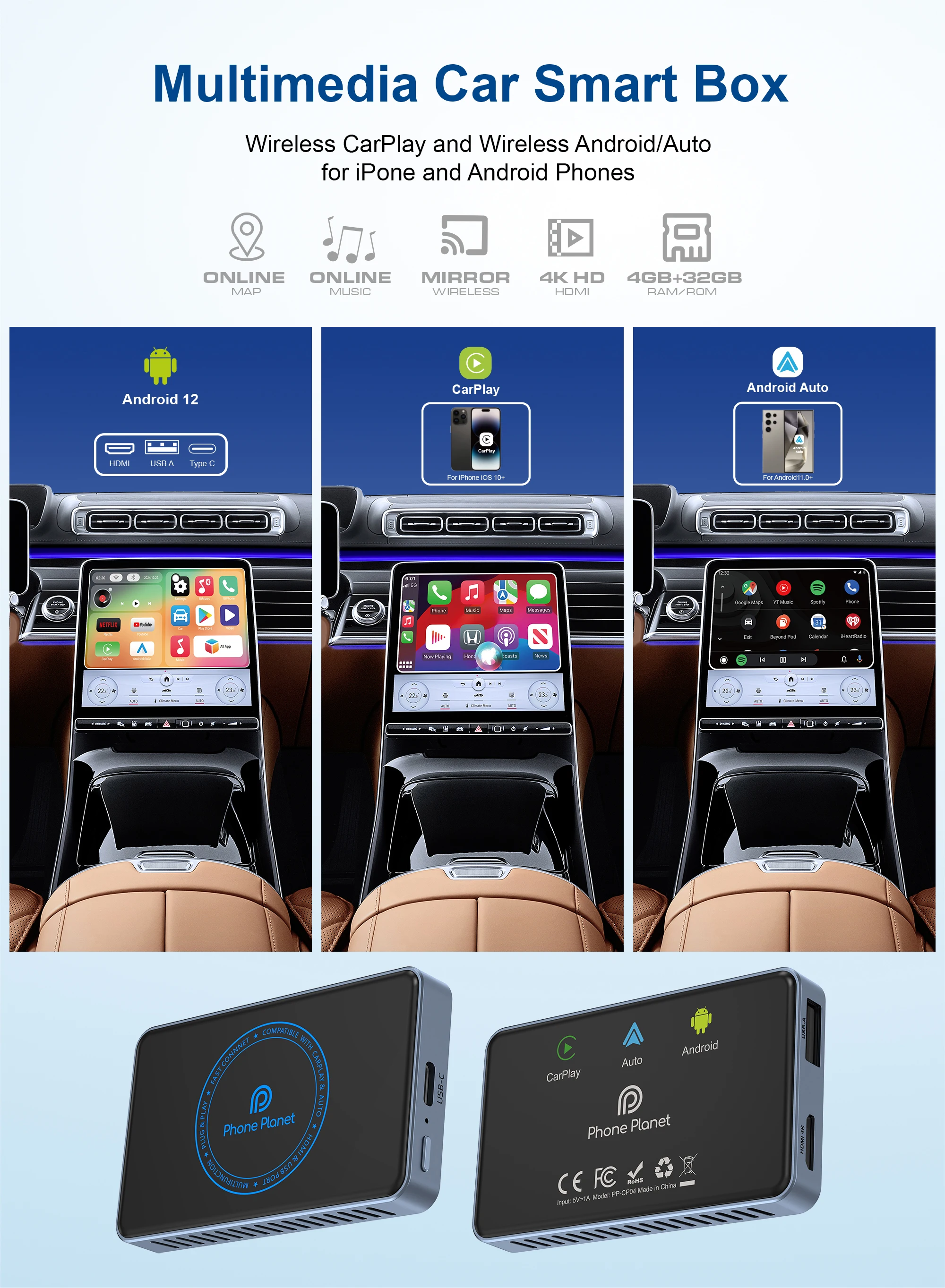 

2026 Android 13 Smart Ai Box CarPlay 4GB+32G Android Auto Goole Stroe Support Netflix YouTube HDMI Compatible