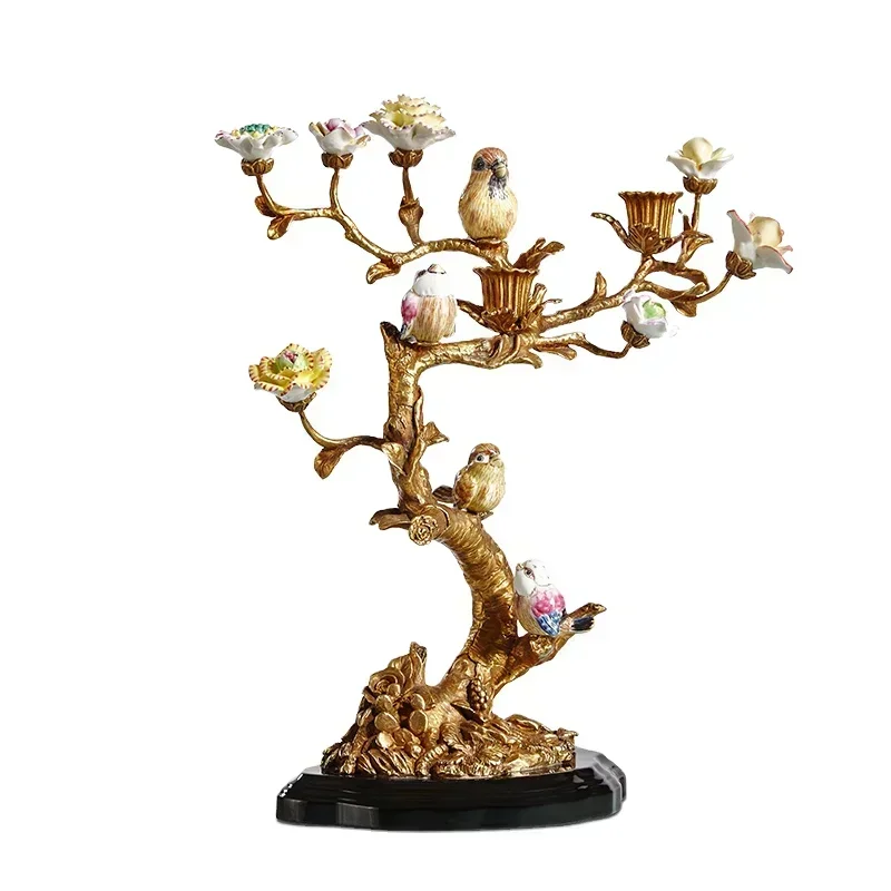 european creative retro handicraft candlestick ornaments painted bird porcelain candles holder with copper