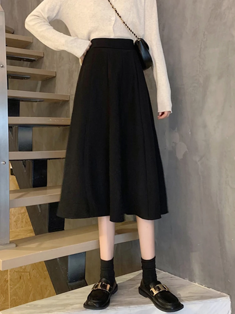 High Waist Bla A-Line  Skirt Women's Korean Sle Autumn Winter New Small Size Slimming Ele Midi Umbrella Skirt
