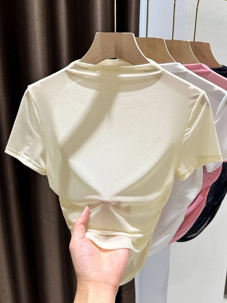 

Новая женская футболка из ледяного шелка с высоким воротником и коротким рукавом, с боковыми складками, тонкая, летняя, в корейском стиле