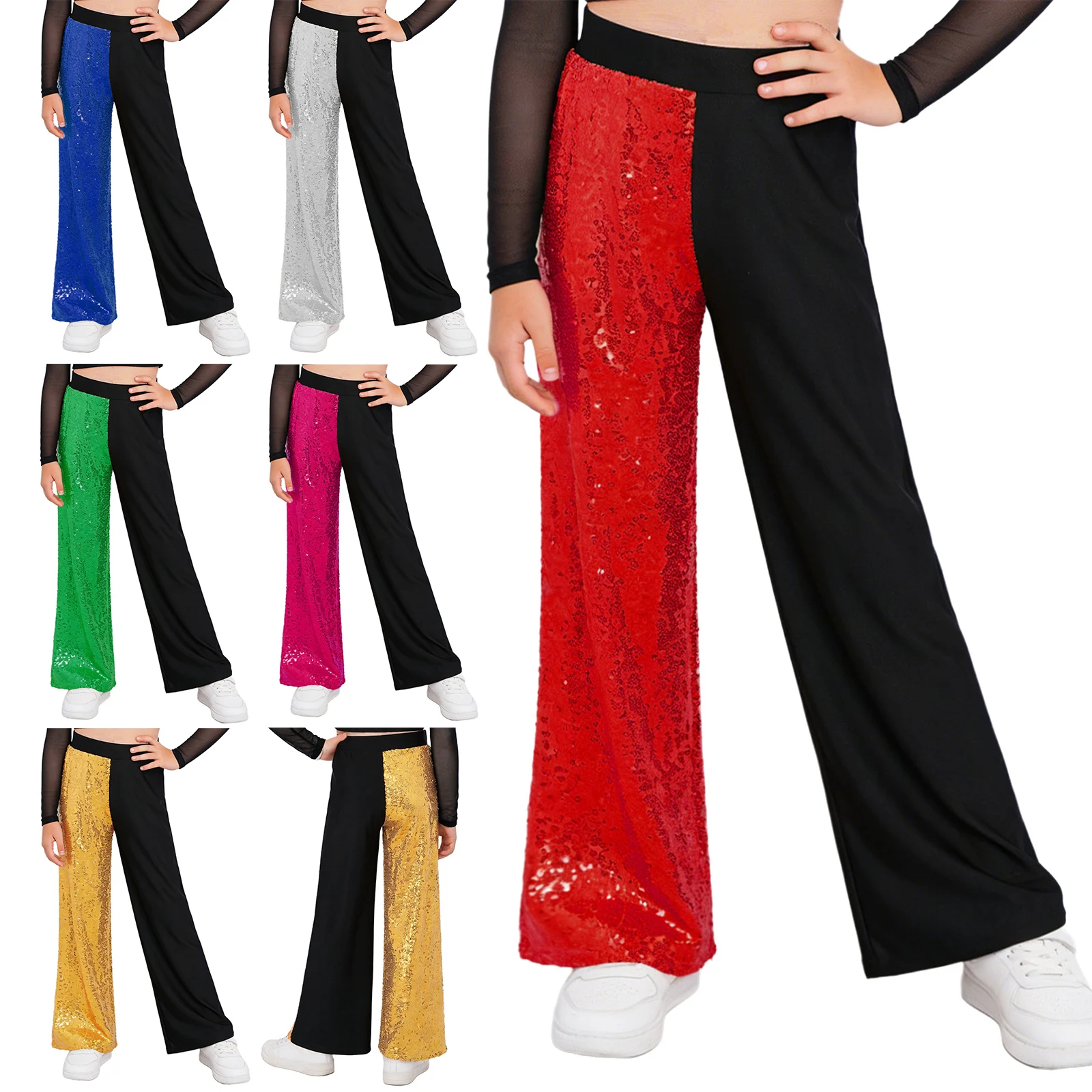 Children's Ballroom Dance Figure Skating Performance Clothes Kid Girls Sparkling Sequins Patchwork Pants Loose Wide Leg Trousers