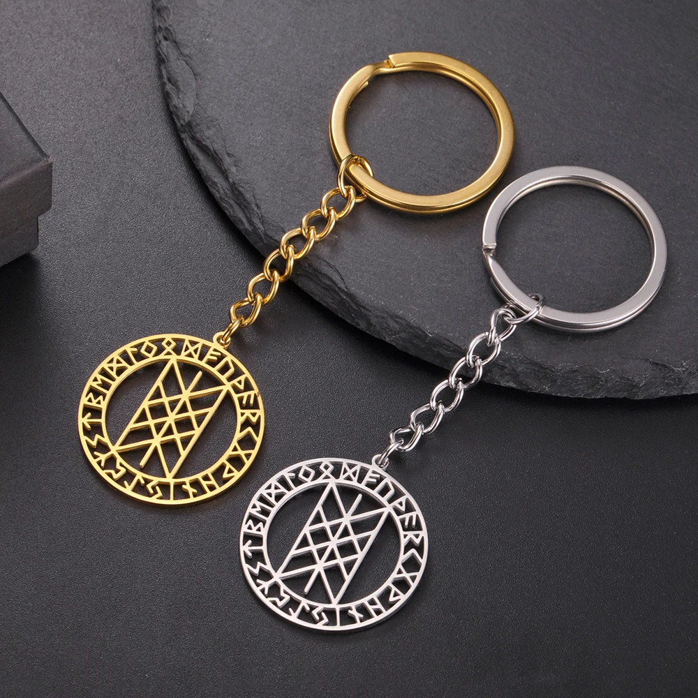 Dawapara Norse Mythology Religious Symbol Web of Wyrd Keychain Runes Circle Pendant Stainless Steel Keyring Scandinavia Jewelry