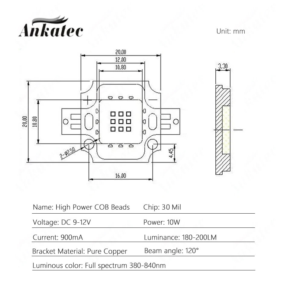 3 teile/los Volle Spektrum 380-840nm LED COB Chip Lampe Perlen 10W High Power 9-12V Kupfer Halterung für Gewächshaus Anlage Wachsen Licht