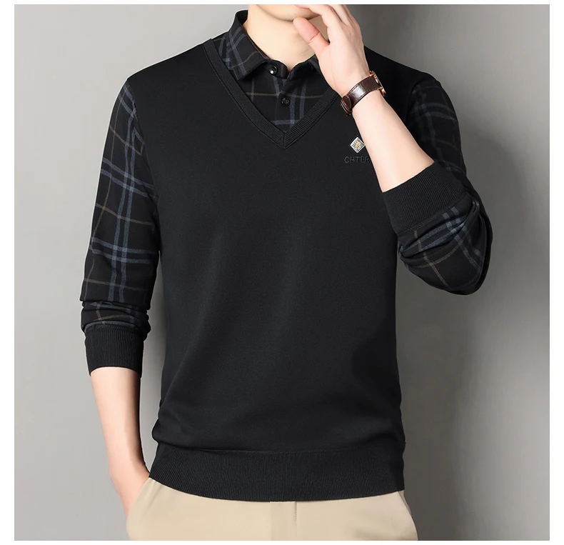 Herren Plaid Pullover Fleece Pullover Slim Fit Elegante Luxus Marke Gefälschte Zwei Stücke Gestrickte Pullover – Detail 13