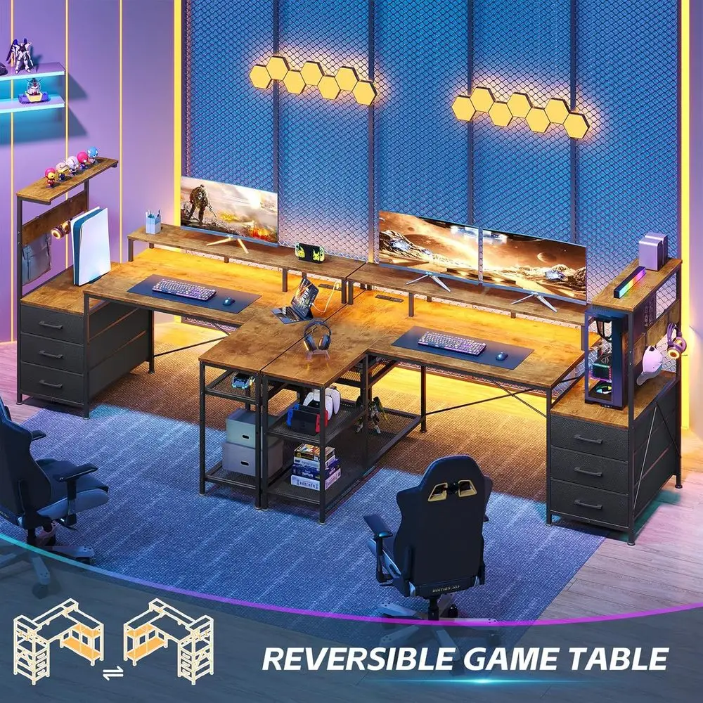 L-Shaped Gaming Desk with Drawers, Storage, Power Outlets, LED Lighting, and Monitor Stand in Rustic Brown view 3