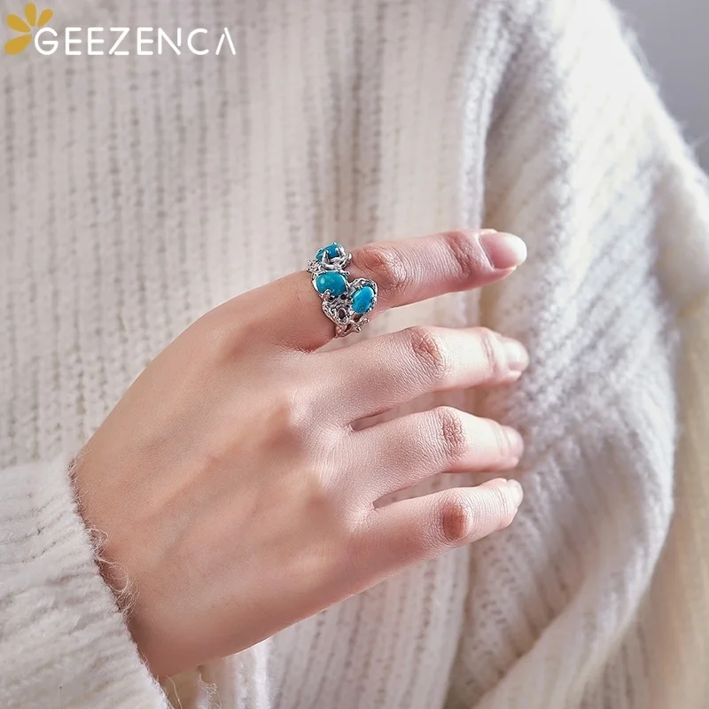 GEEZENCA 925 Sterling Silver Hollow Turquoise Stone Open Ring For Women Chunky Trendy Dainty Unique Statement Rings Party Gift