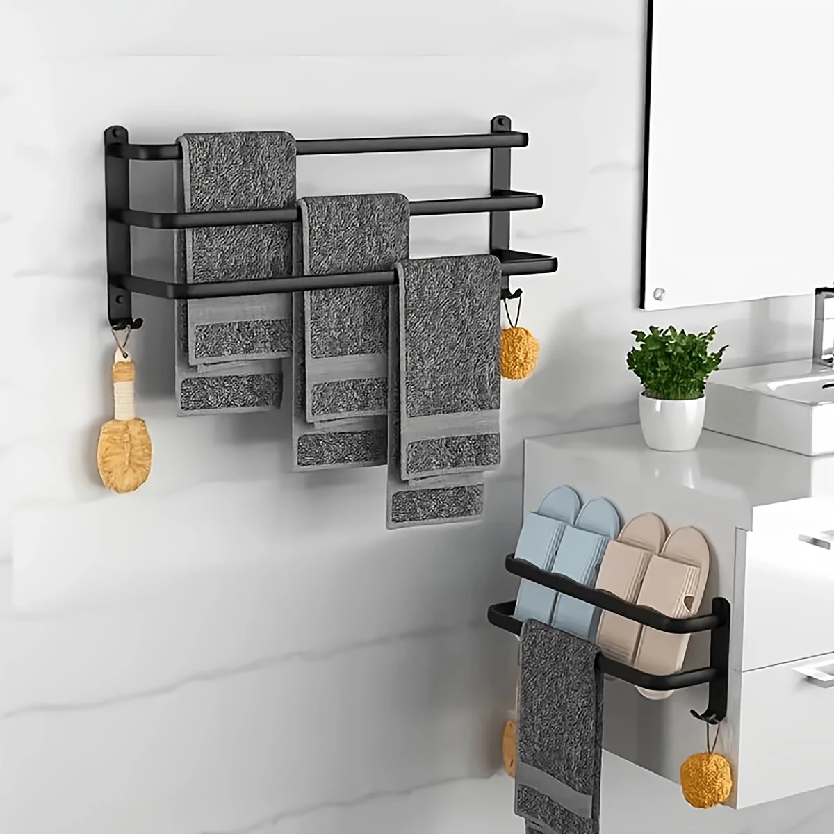 Matte Metal Wall Mounted Towel Rack, Black & Gray Available, 1/2/3 Tier Options, Towel Bar with End Hooks, Bathroom Storage Orga