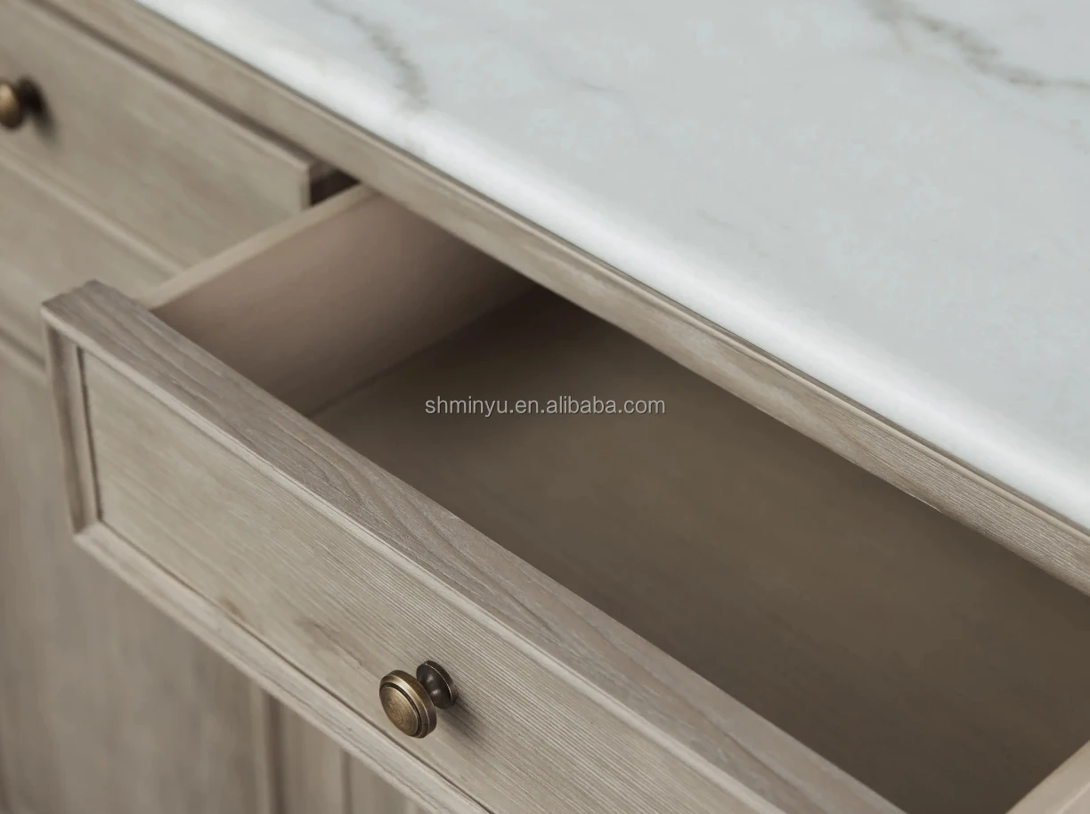 Solid Oak Wood 4-Door Sideboard Buffet Cabinet New Reeded Design for Living Room Application