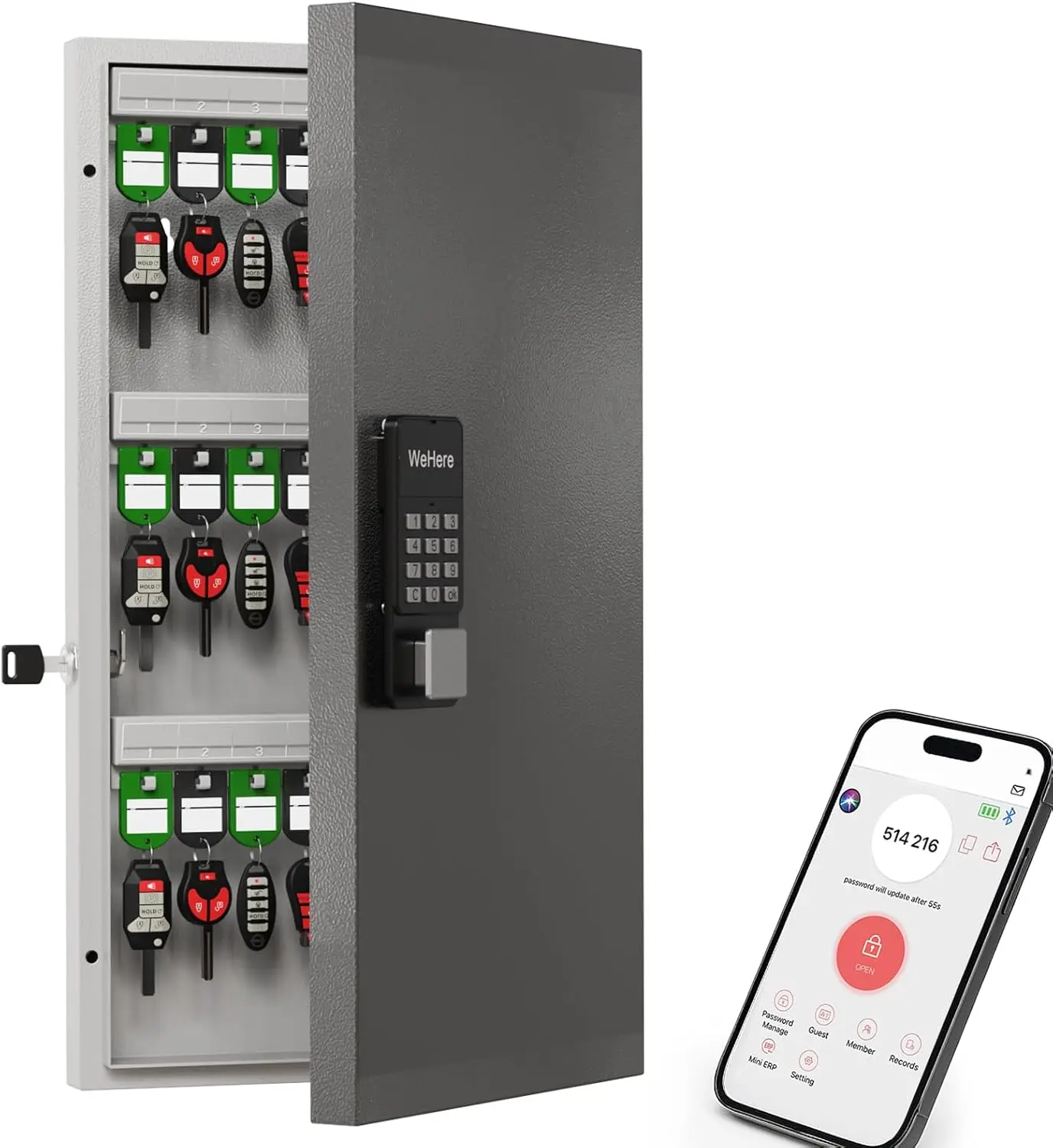 

48-Key Smart Key Lock Box Wall Mount with App, Keypad, Bluetooth & WiFi Unlock, Access Log Tracking for School, Rental, Office