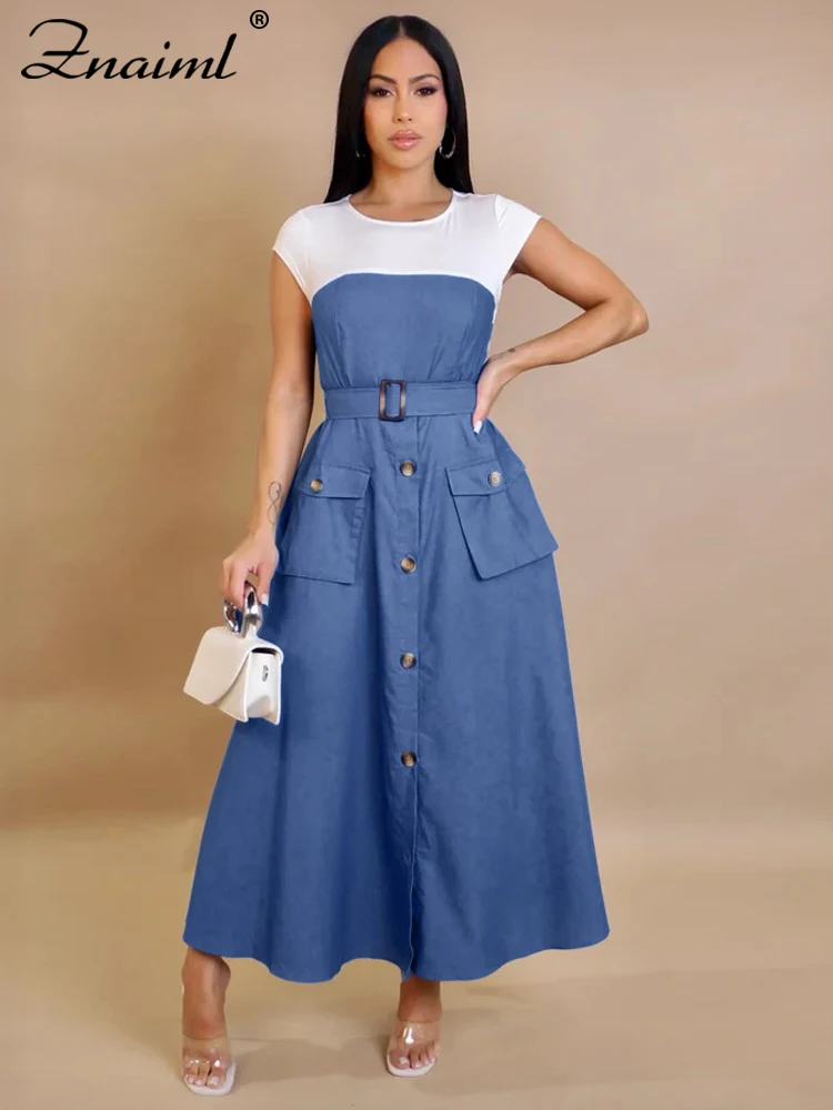 

Znaiml Fashion Short Sleeve Pocket White Blue Denim Patchwork A-Line Dresses with Belt Woman Summer Elegant Bodycon Jean Dress