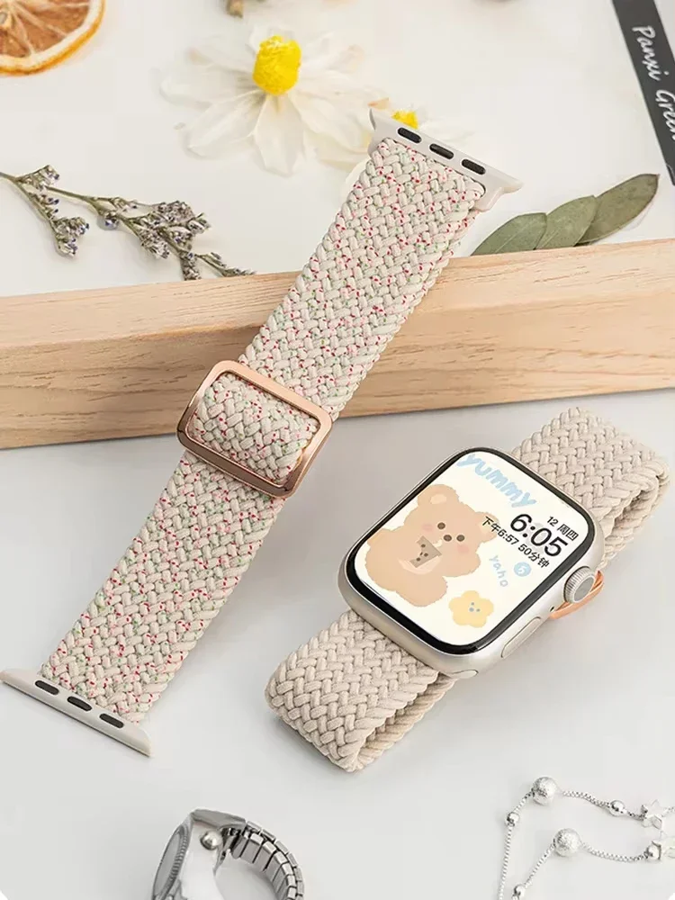 Lingkaran Tunggal Kepang untuk Jam Tangan Apple Ultra Band 40Mm 44Mm 41Mm 38Mm 49Mm 45Mm Gelang Nilon Elastis Tali IWatch Seri 9 8 7 3 Se