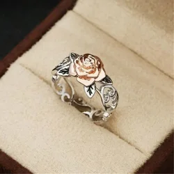 Hot Sale Rose Gold Plated Flower Ring European and Beautiful Women Retro Silver Plated Color Separation Ring Hand Jewelry