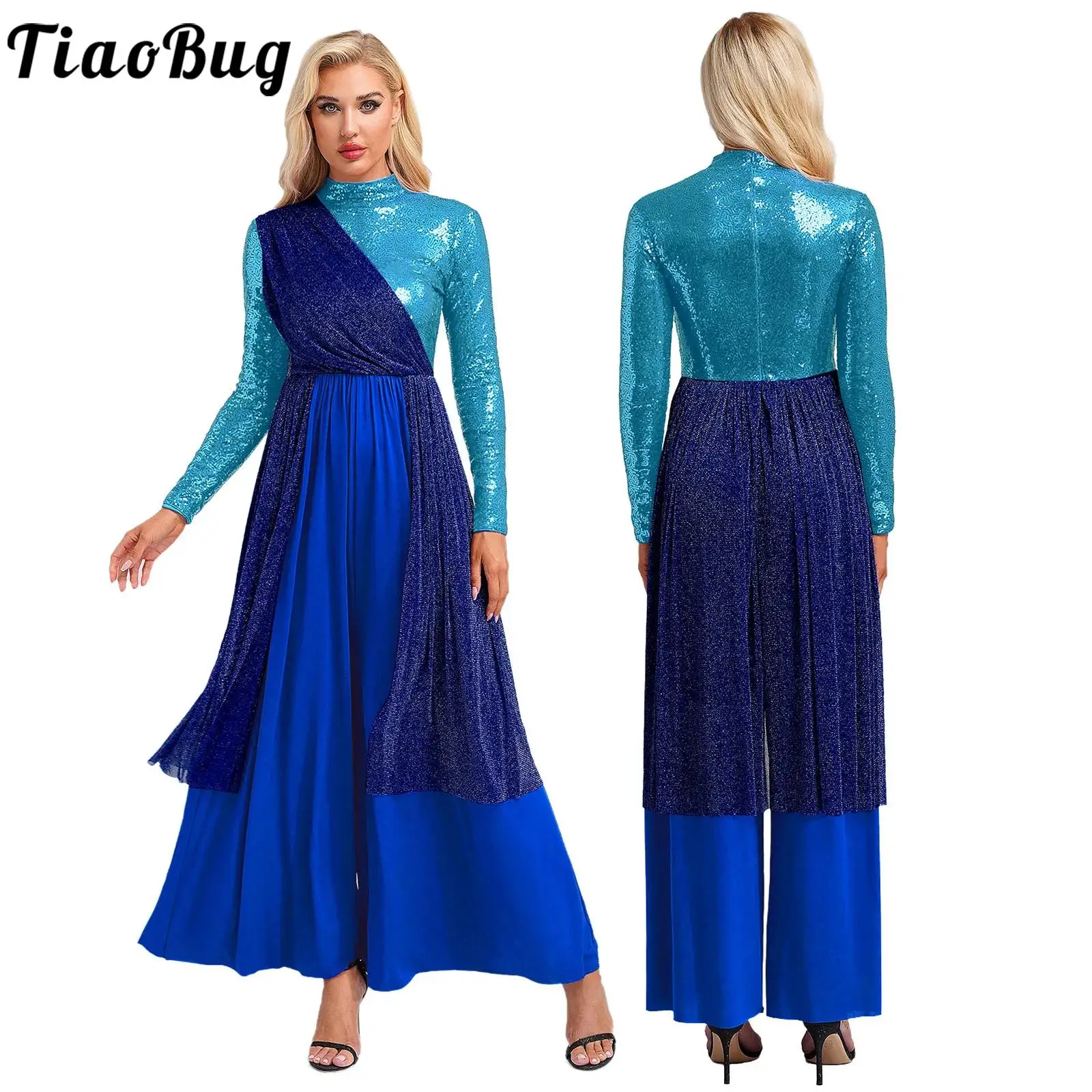 

Women Modern Lyrical Dance Costume Praise Worship Performance Dancewear Overlay Liturgical Jumpsuit Dress for Church Performance