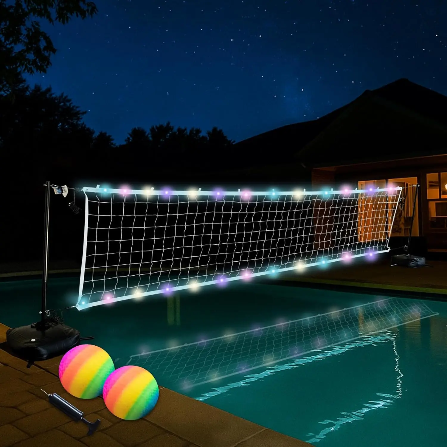 Adjustable Pool Volleyball Net Set with LED Lights and Weighted Bases - Portable Water Volleyball Game for Inground Pool Entertainment, 15ft to 42ft Length, Includes 2 Balls & Pump