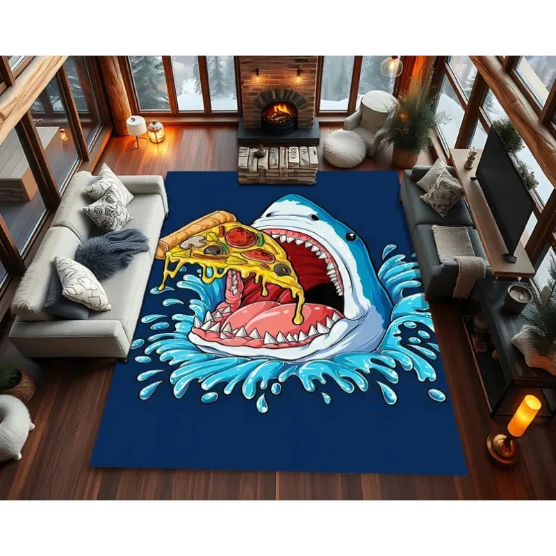 Funny Shark Pizza Rug Playful Cartoon Ocean Carpet for Teen Room Living Room Bedroom Home Decoration Carpet
